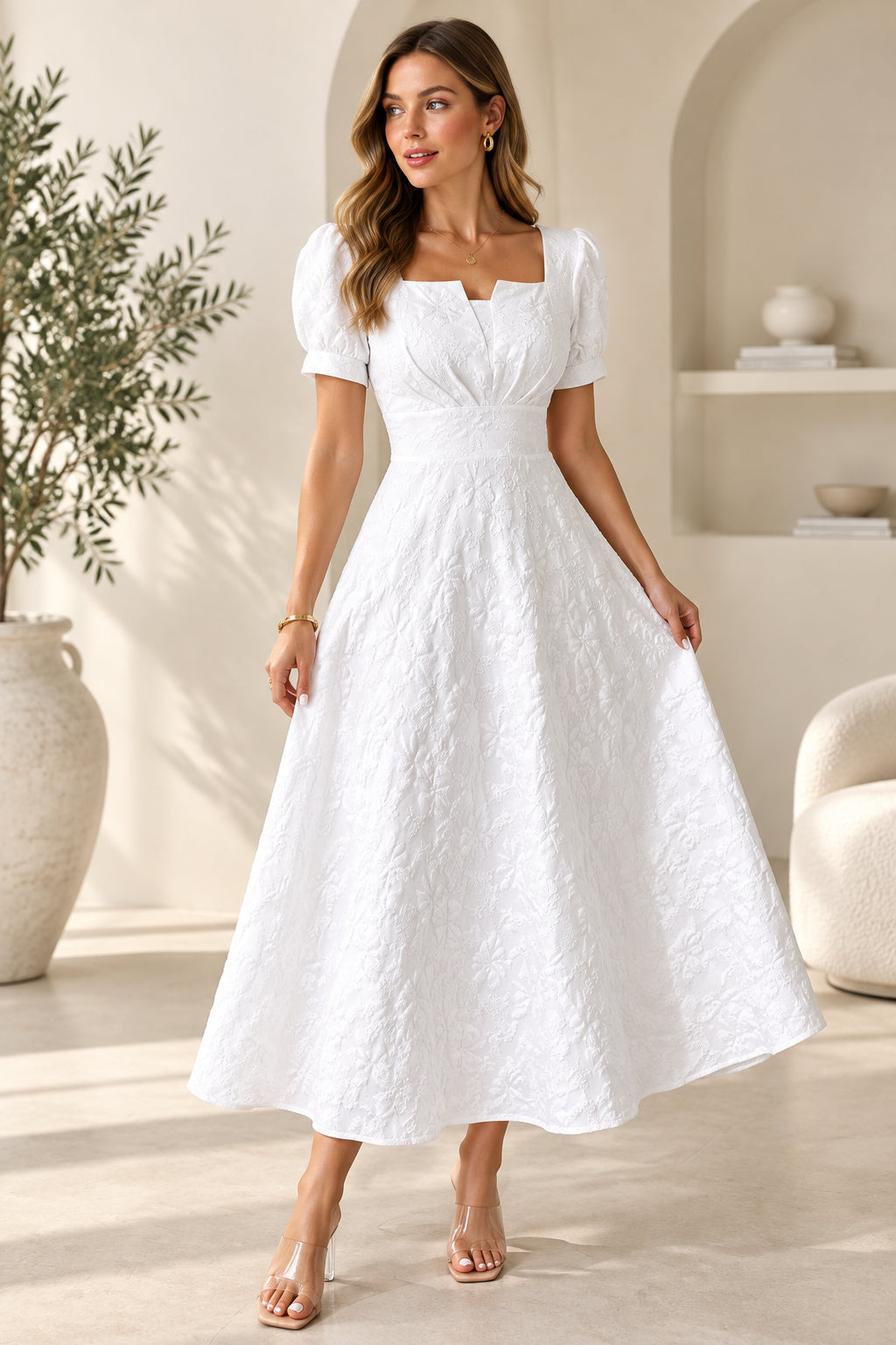 Velora Elegant Square Neck Midi Dress