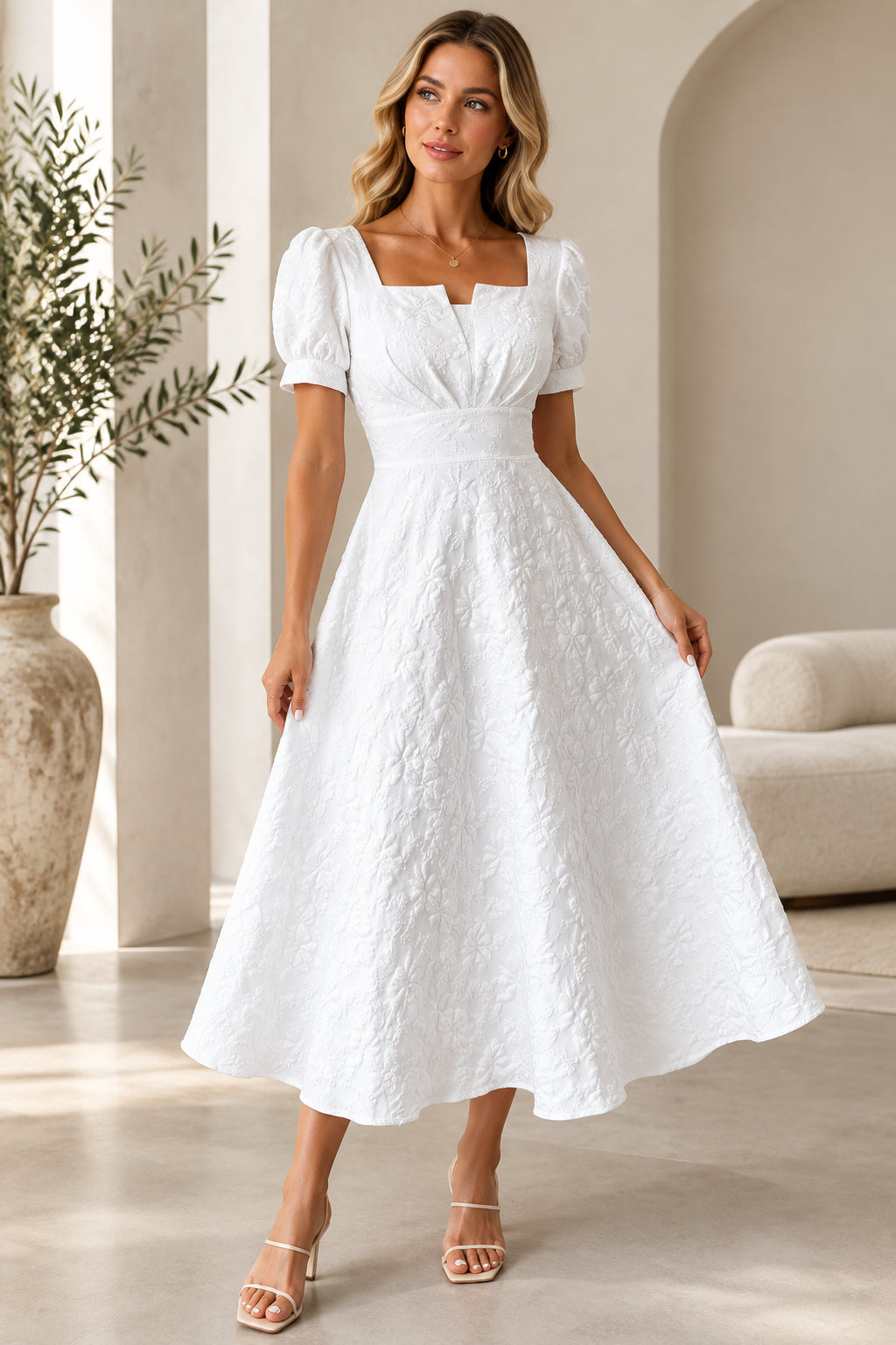 Velora Elegant Square Neck Midi Dress